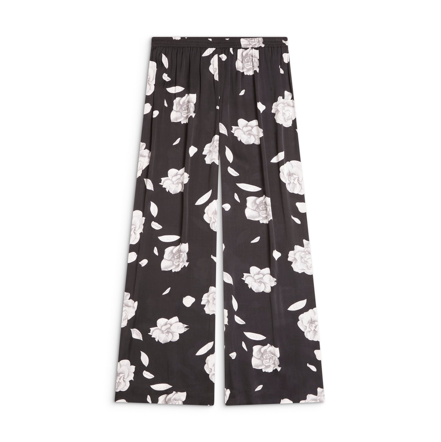 Solune Straight Pant Gardenia —classic satin straight-leg pants with flattering high waist fit in gardenia flower print