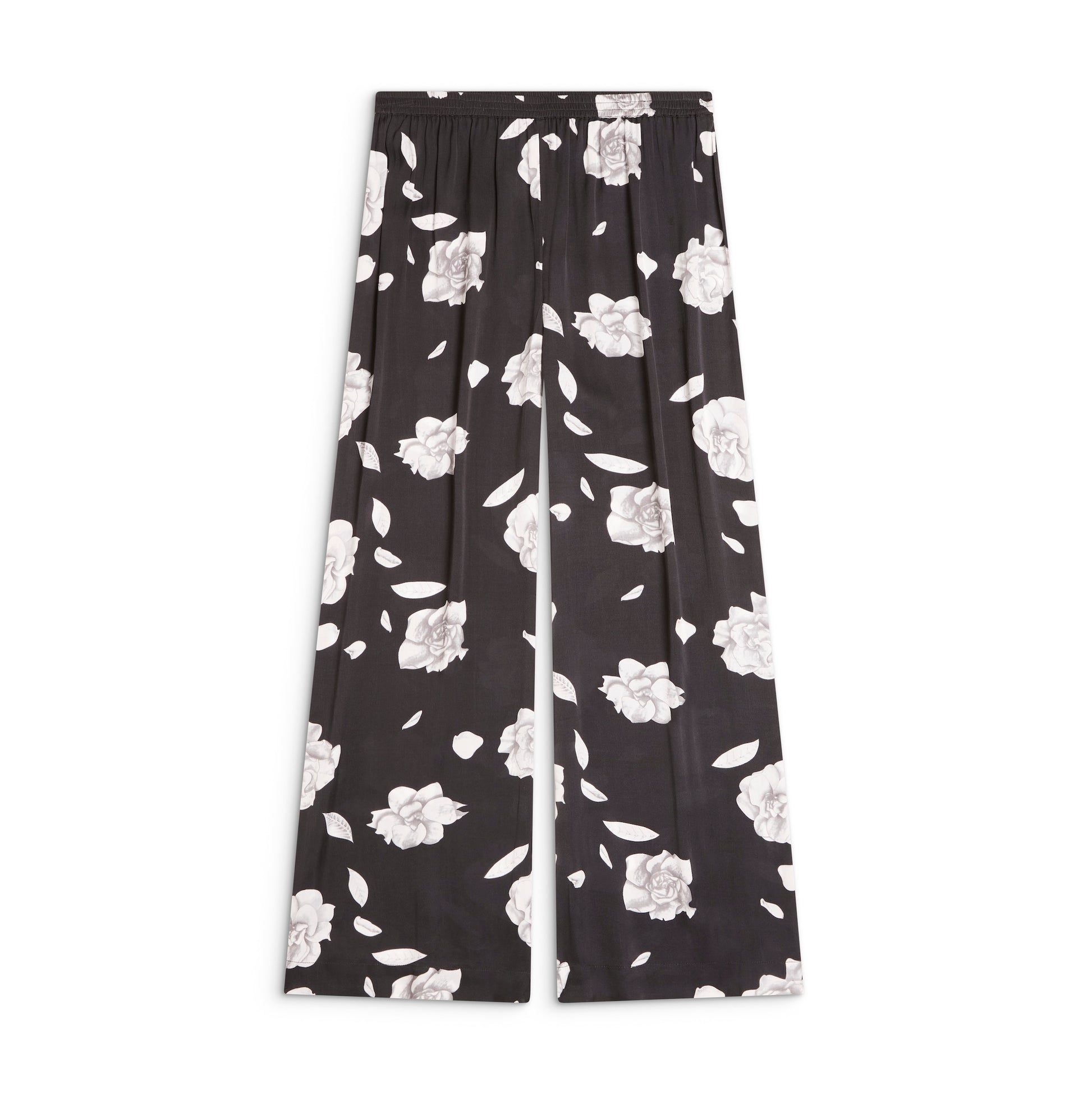 Solune Straight Pant Gardenia —classic satin straight-leg pants with flattering high waist fit in gardenia flower print