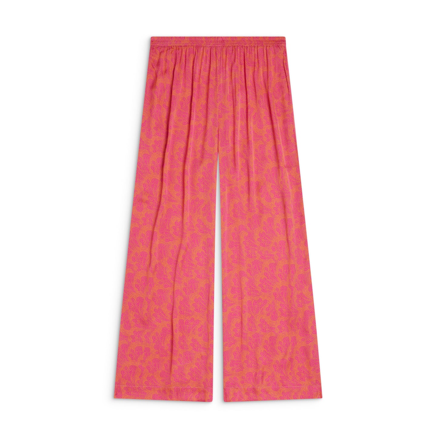 Sōlune Straight Pant Feathers — women’s flattering straight-leg satin pants in vibrant hot pink and orange for vacation and resort wear