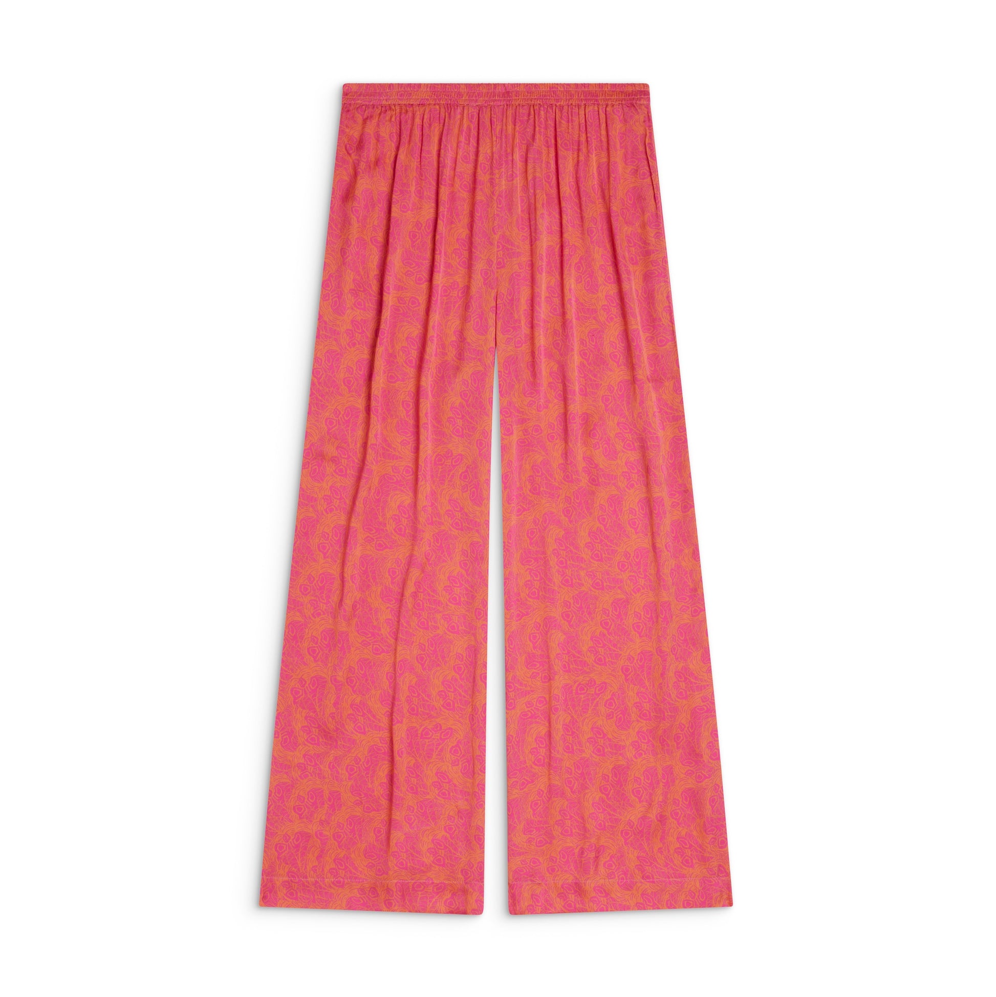 Sōlune Straight Pant Feathers — women’s flattering straight-leg satin pants in vibrant hot pink and orange for vacation and resort wear
