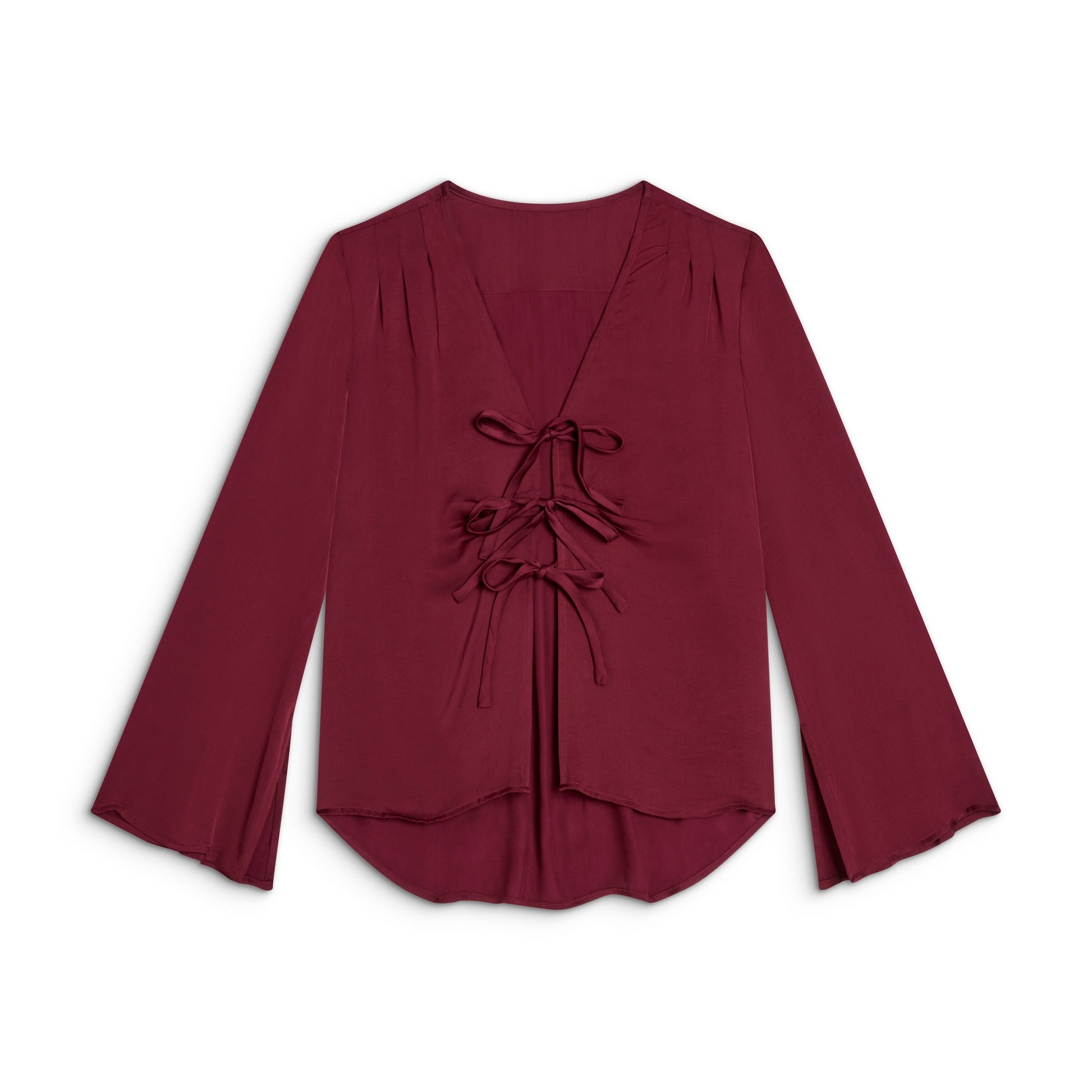 The Solune Muse Top — romantic satin top with kimono sleeves & lace up front ties in Dark Cherry