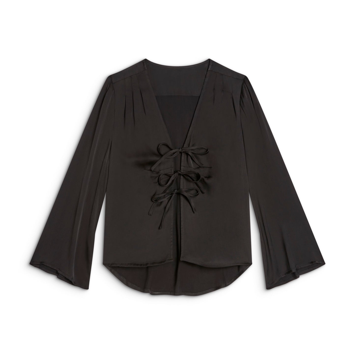 The Sōlune Muse Top Black — women's black satin going-out top with adjustable front ties and kimono sleeves