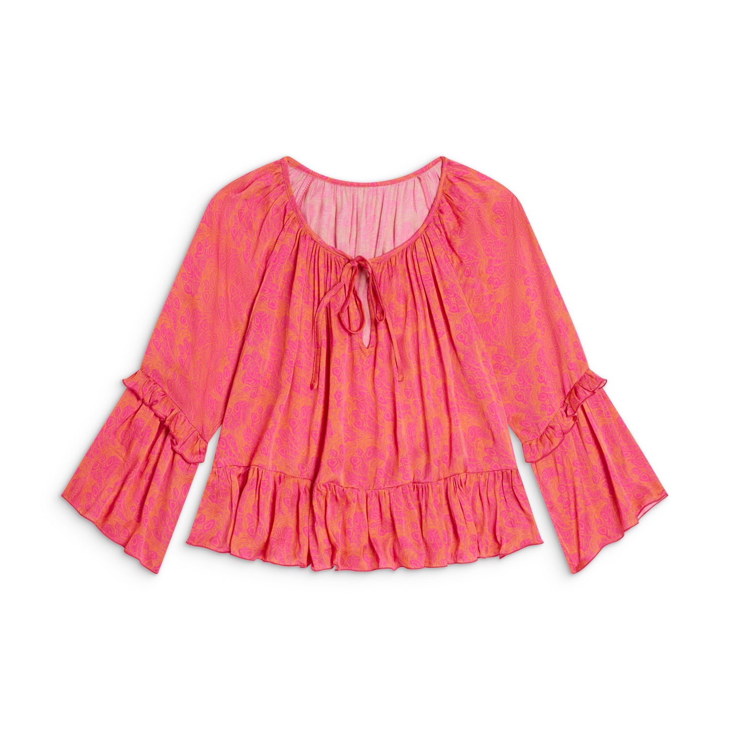 Sōlune Frills Top — women’s satin blouse with ruffles in hot pink and orange for sleep, lounge, and travel