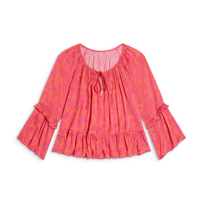 Sōlune Frills Top — women’s satin blouse with ruffles in hot pink and orange for sleep, lounge, and travel