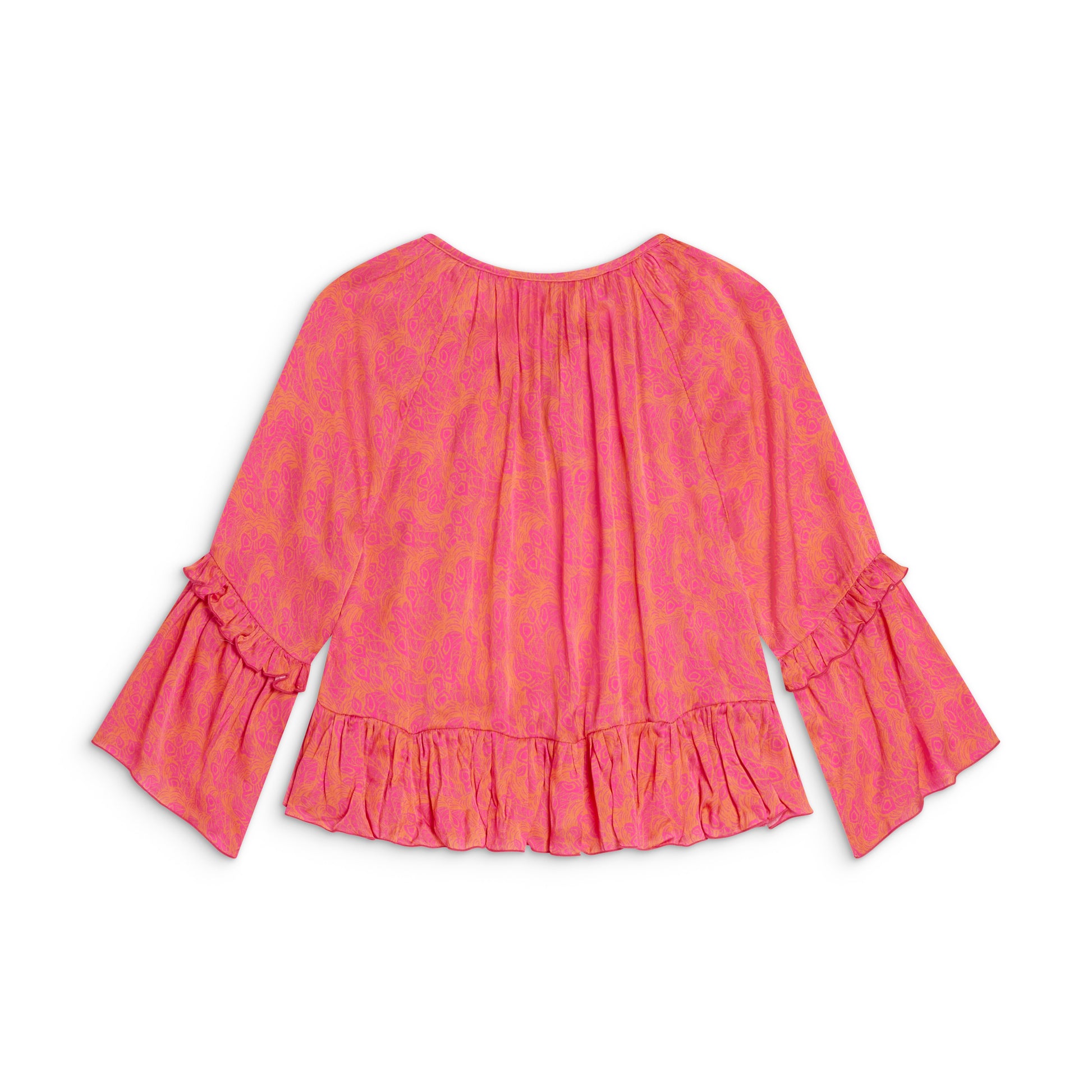 Sōlune Frills Top — colorful vibrant satin loungewear blouse with romantic ruffles and feather print