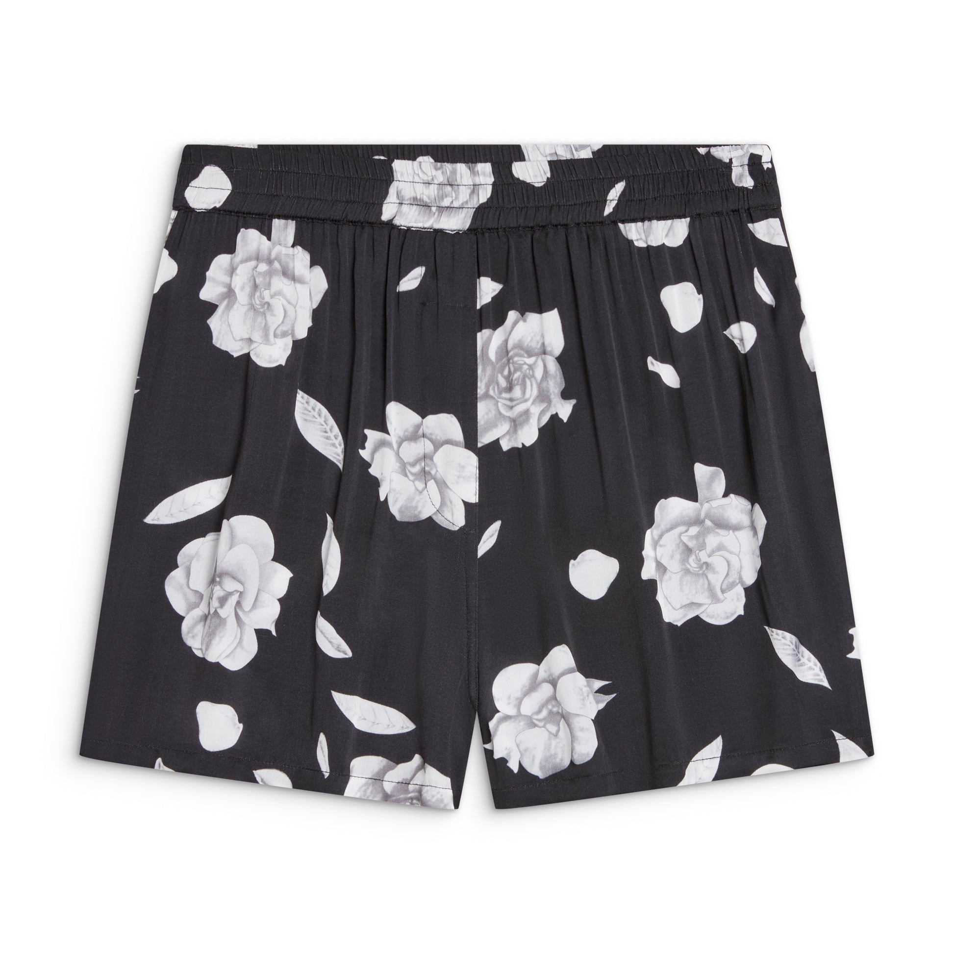 Sōlune Gardenia Boxer Shorts — women's satin lounge shorts in floral print for elevated lounging, travel, & stepping out.