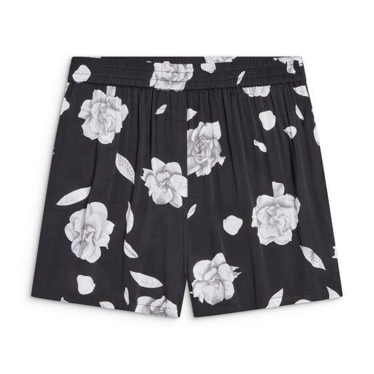 Sōlune Gardenia Boxer Shorts — women's satin lounge shorts in floral print for elevated lounging, travel, & stepping out.