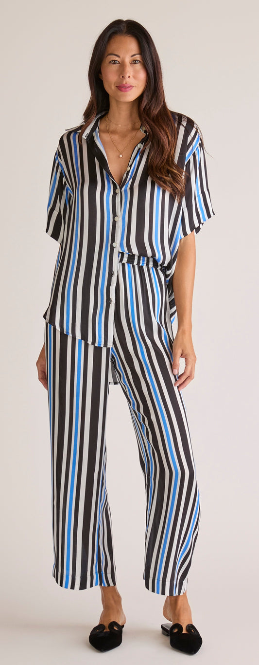Sōlune Boyfriend Stripe Set — Women’s satin matching lounge set with oversized button-down boyfriend shirt and flattering straight-leg pants