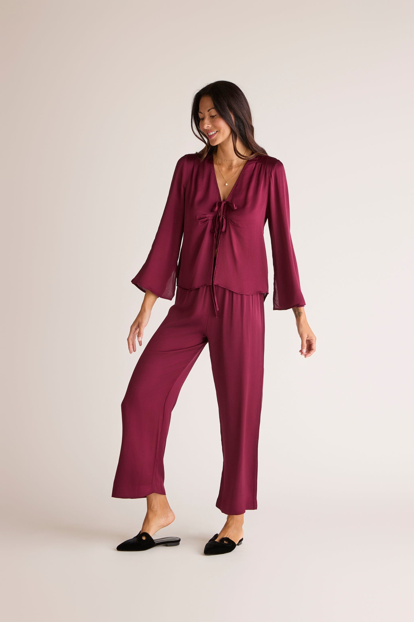 The Sōlune Muse Top — women's vintage inspired satin loungewear top in Dark Cherry