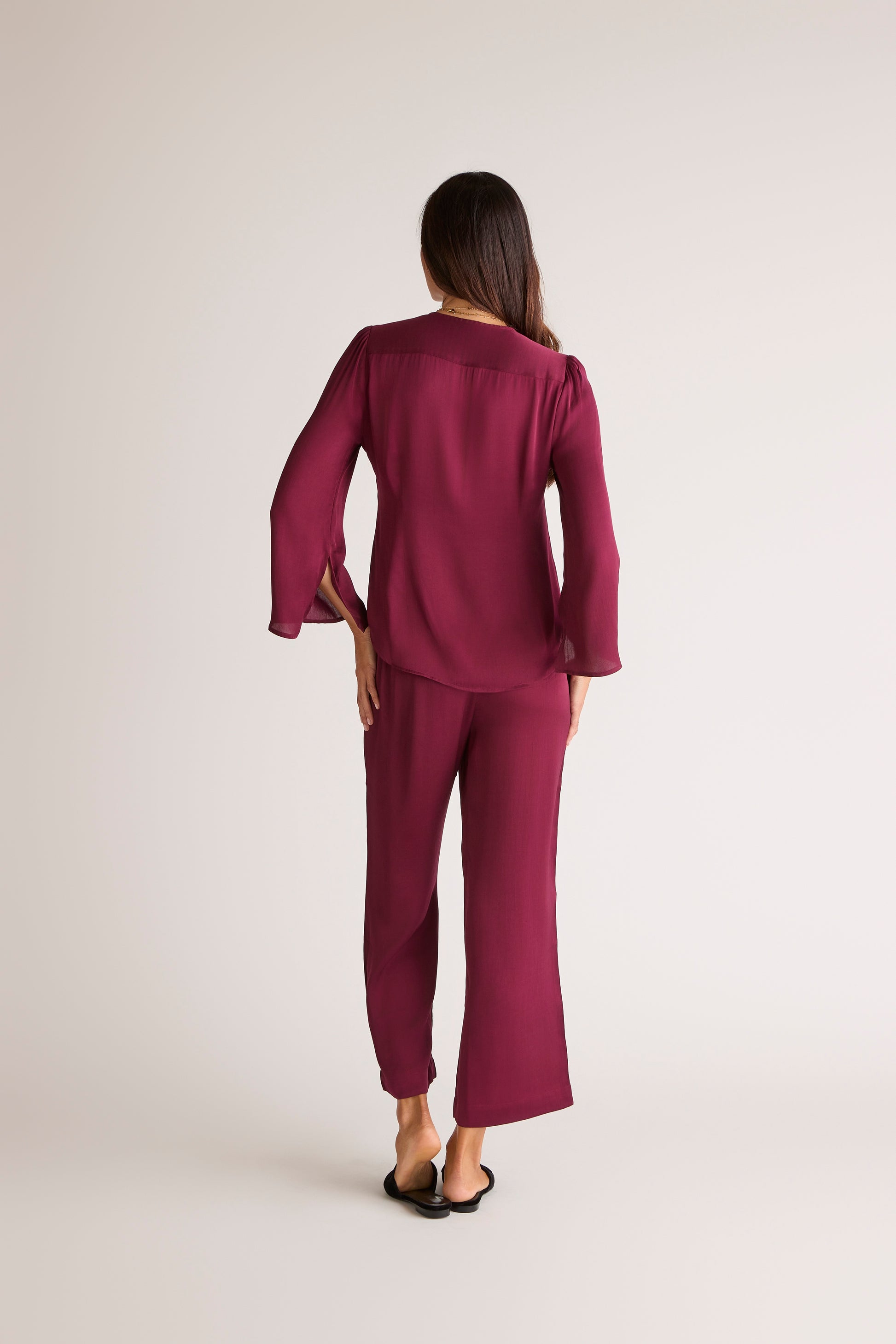 The Sōlune Muse Top — women's Dark Cherry satin blouse with lace up front