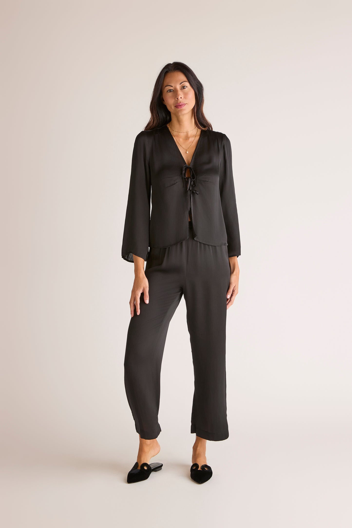 The Sōlune Muse Set Black — chic black satin resortwear set with Y2K-inspired lace-up blouse and satin lounge pants