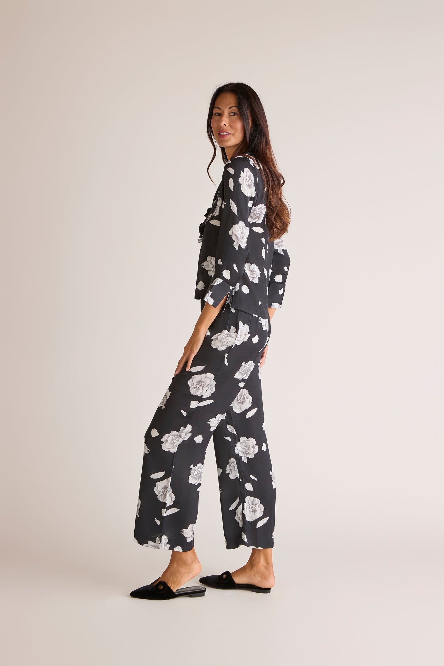 Solune Straight Pant Gardenia — tailored satin straight-leg pants for work, lounge, or travel in classic gardenia floral print