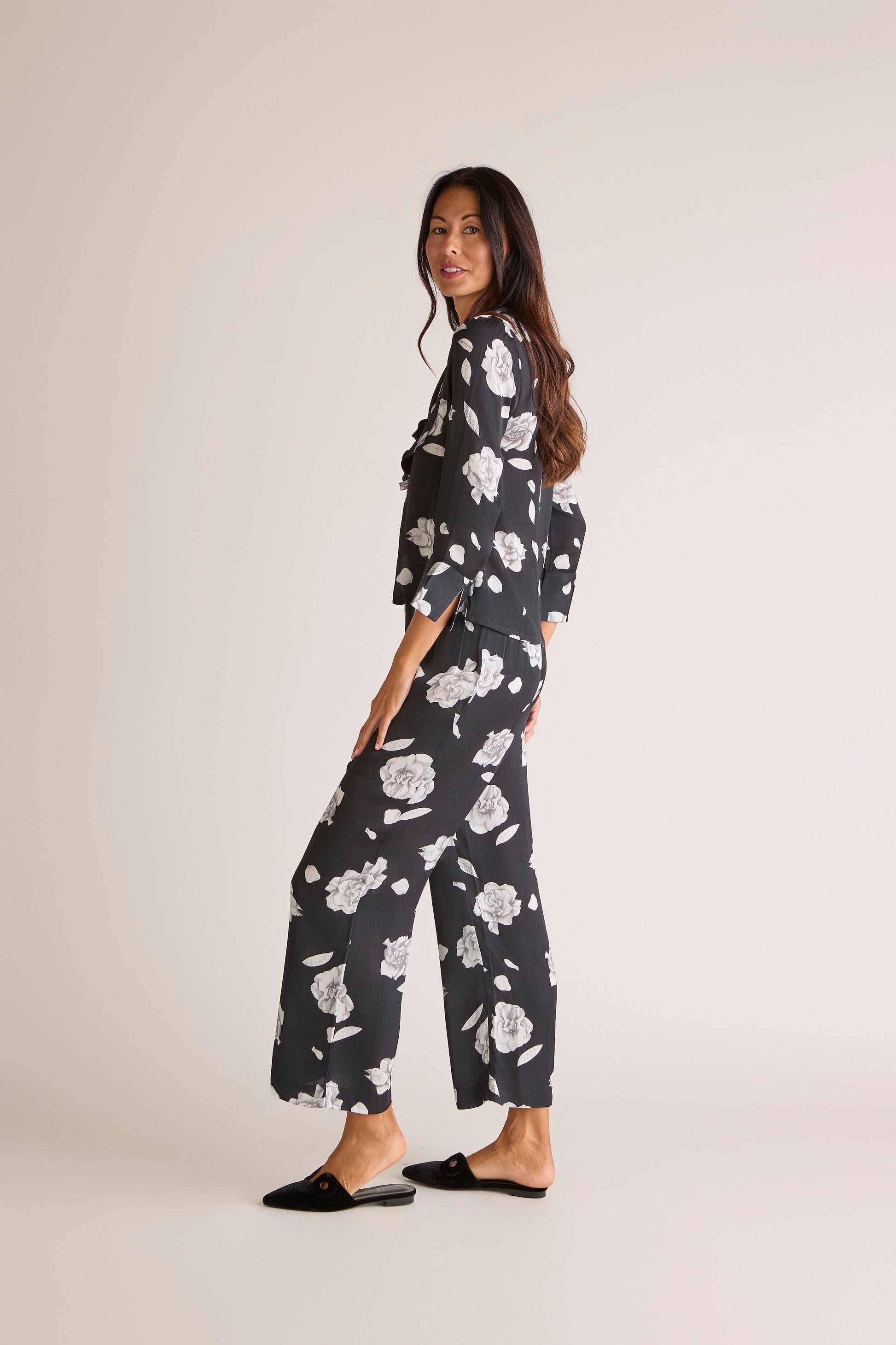 Solune Straight Pant Gardenia — tailored satin straight-leg pants for work, lounge, or travel in classic gardenia floral print