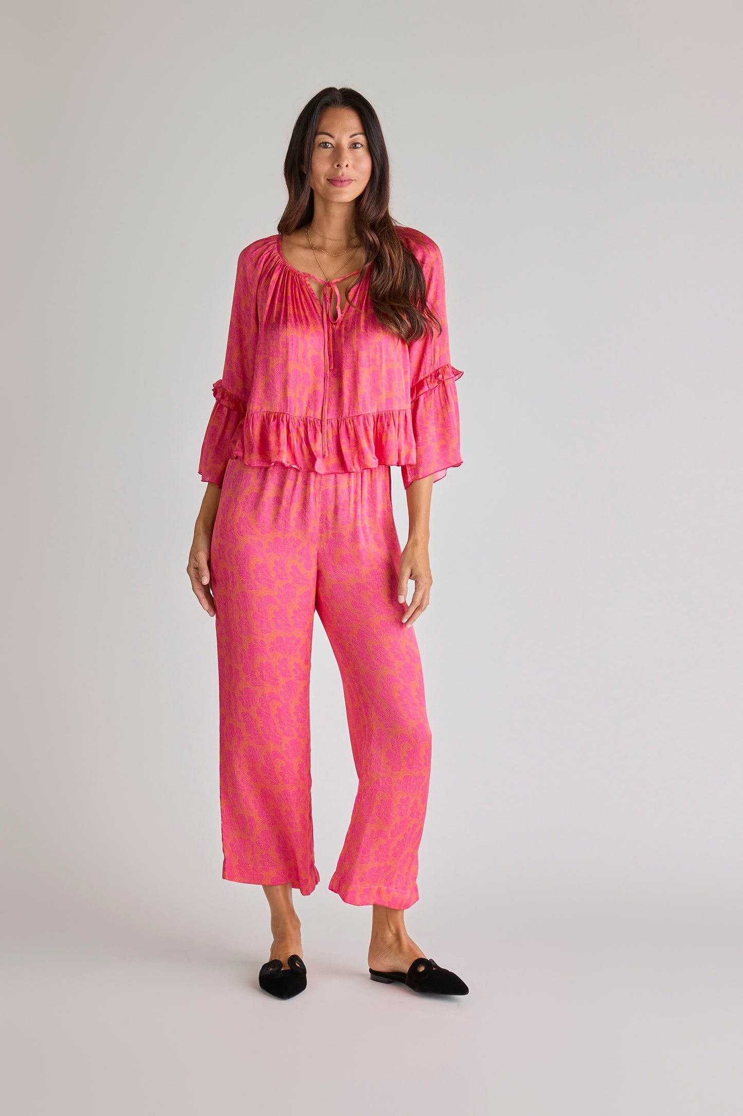 Sōlune Frills Set — women’s satin matching set with ruffled blouse and wide-leg pants in Beachwood Satin