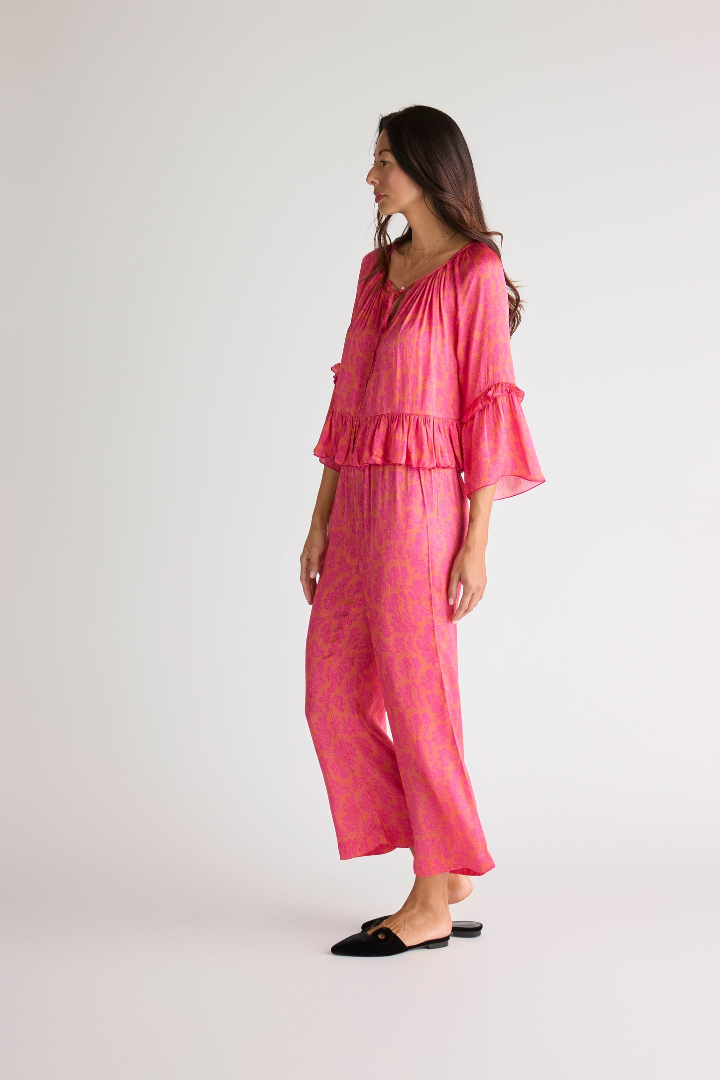 Sōlune Frills Set — women’s satin vacation set with flirty ruffle blouse and flowing straight-leg pants