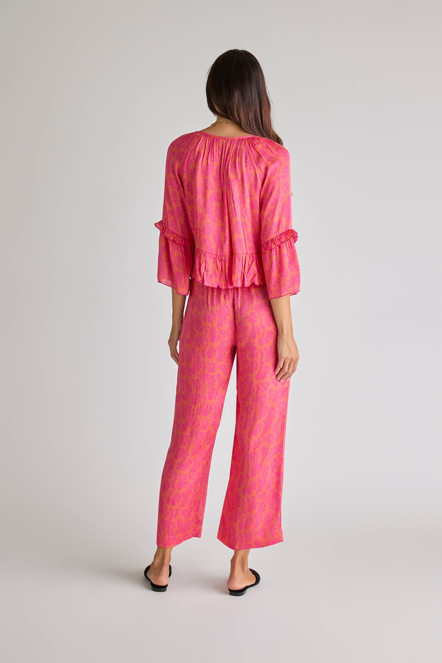 Sōlune Frills Set — bohemian satin lounge set with romantic ruffle top and relaxed wide-leg pants