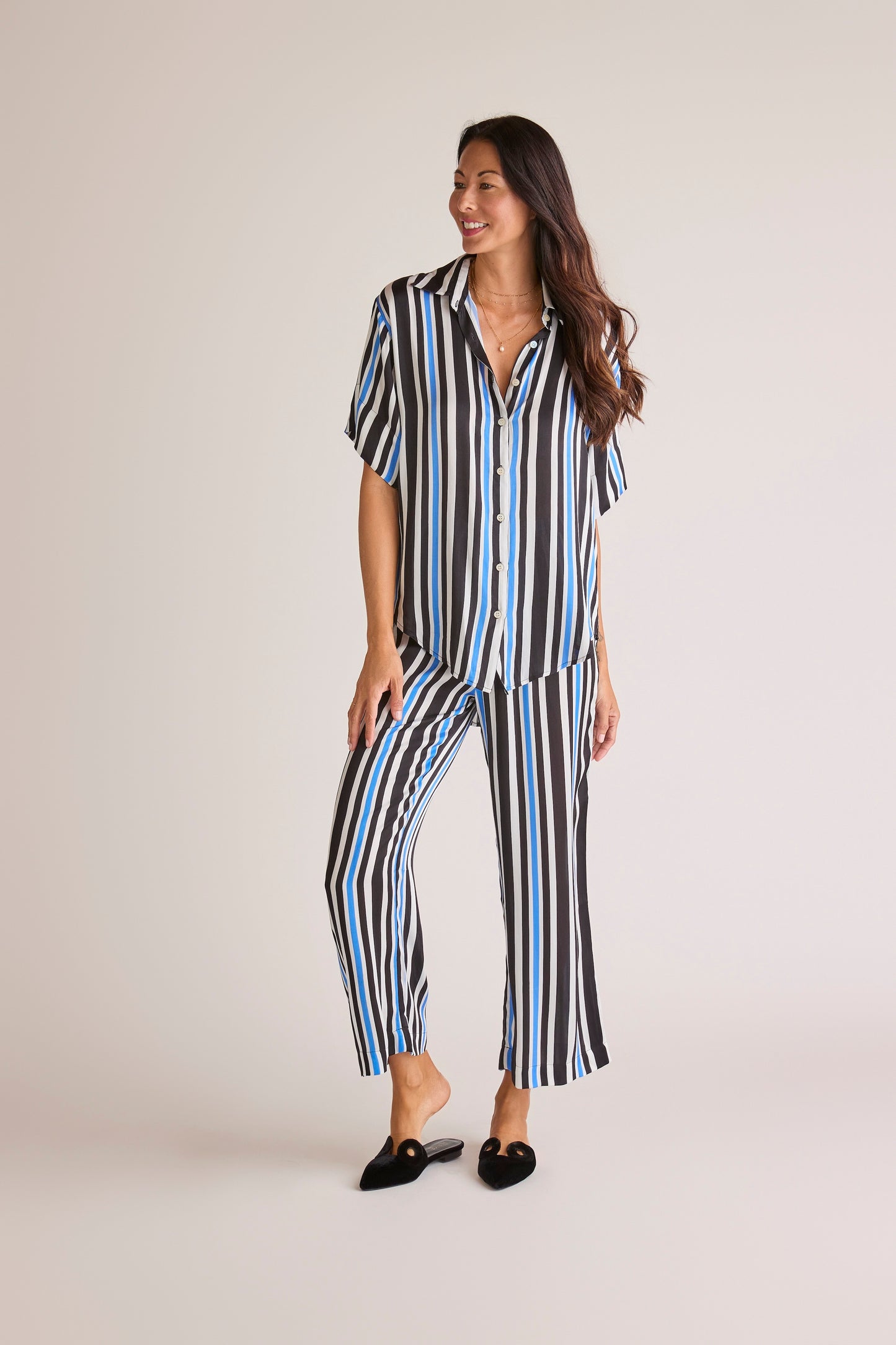 Sōlune Boyfriend Stripe Set — 90s inspired satin travel and leisure set with button-down boyfriend shirt and relaxed straight-leg pants