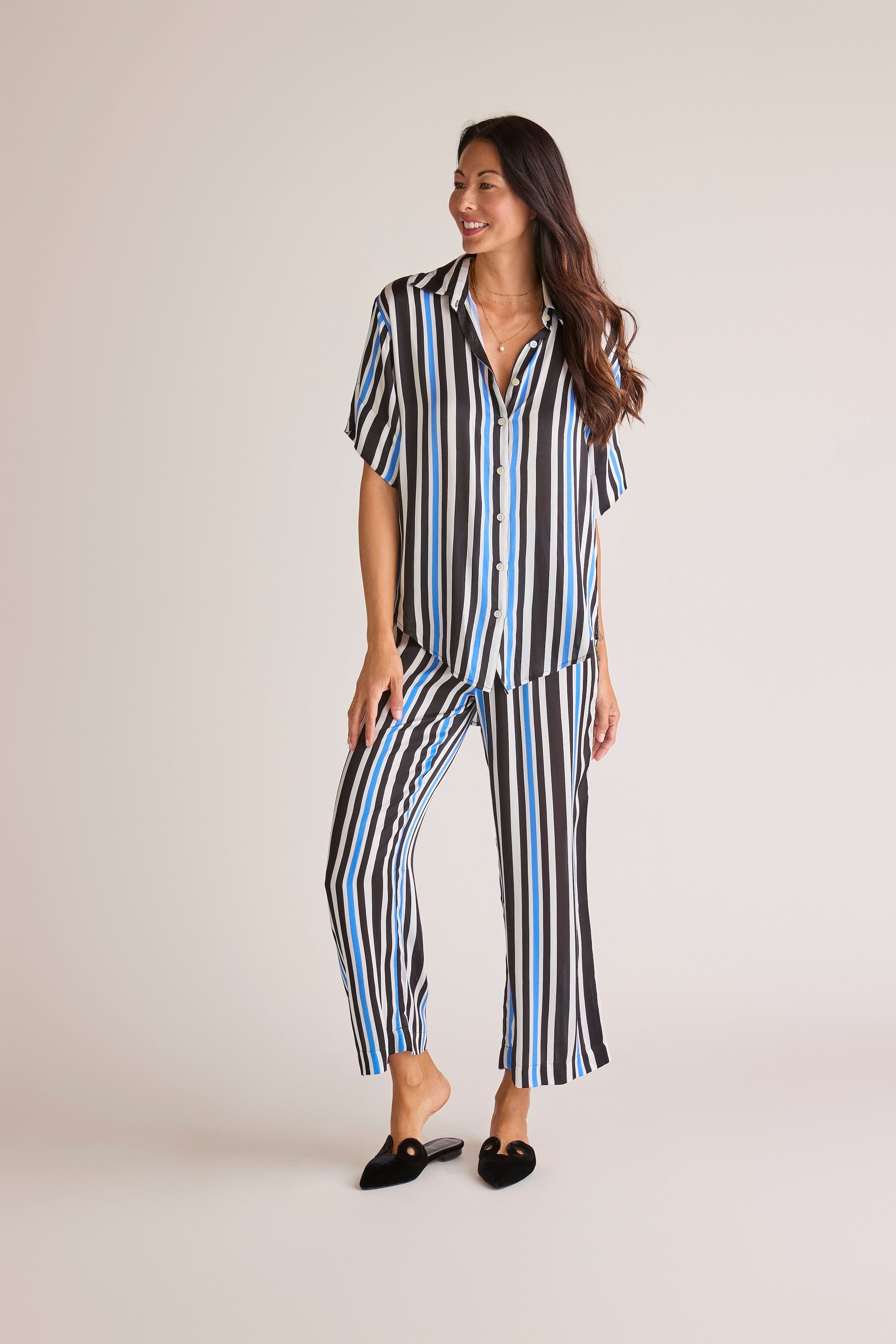 Sōlune Boyfriend Stripe Set — 90s inspired satin travel and leisure set with button-down boyfriend shirt and relaxed straight-leg pants