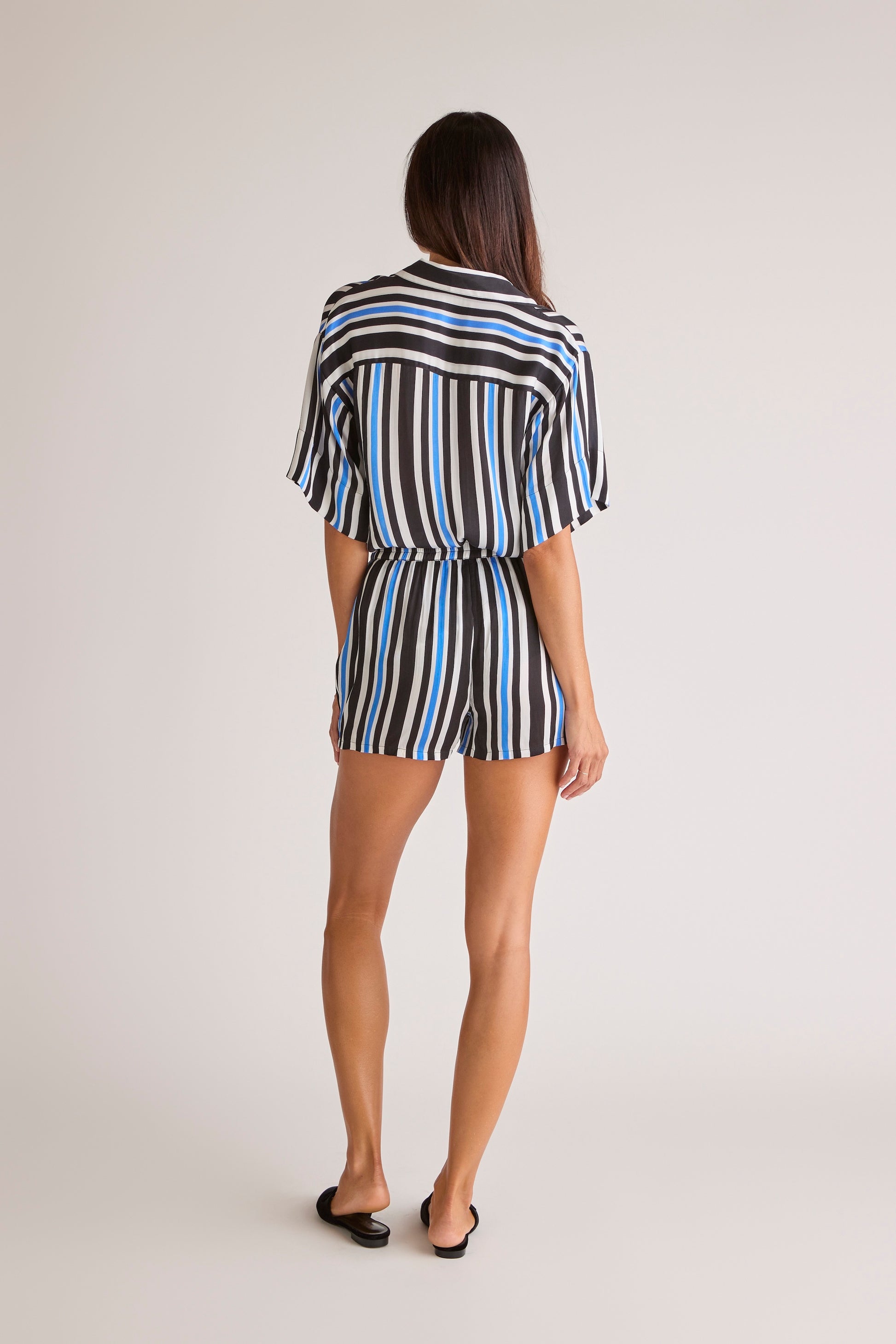 Sōlune Boyfriend Stripe Set — Women’s oversized satin shirt set with button-down boyfriend shirt and tailored boxer shorts for lounge and travel wear