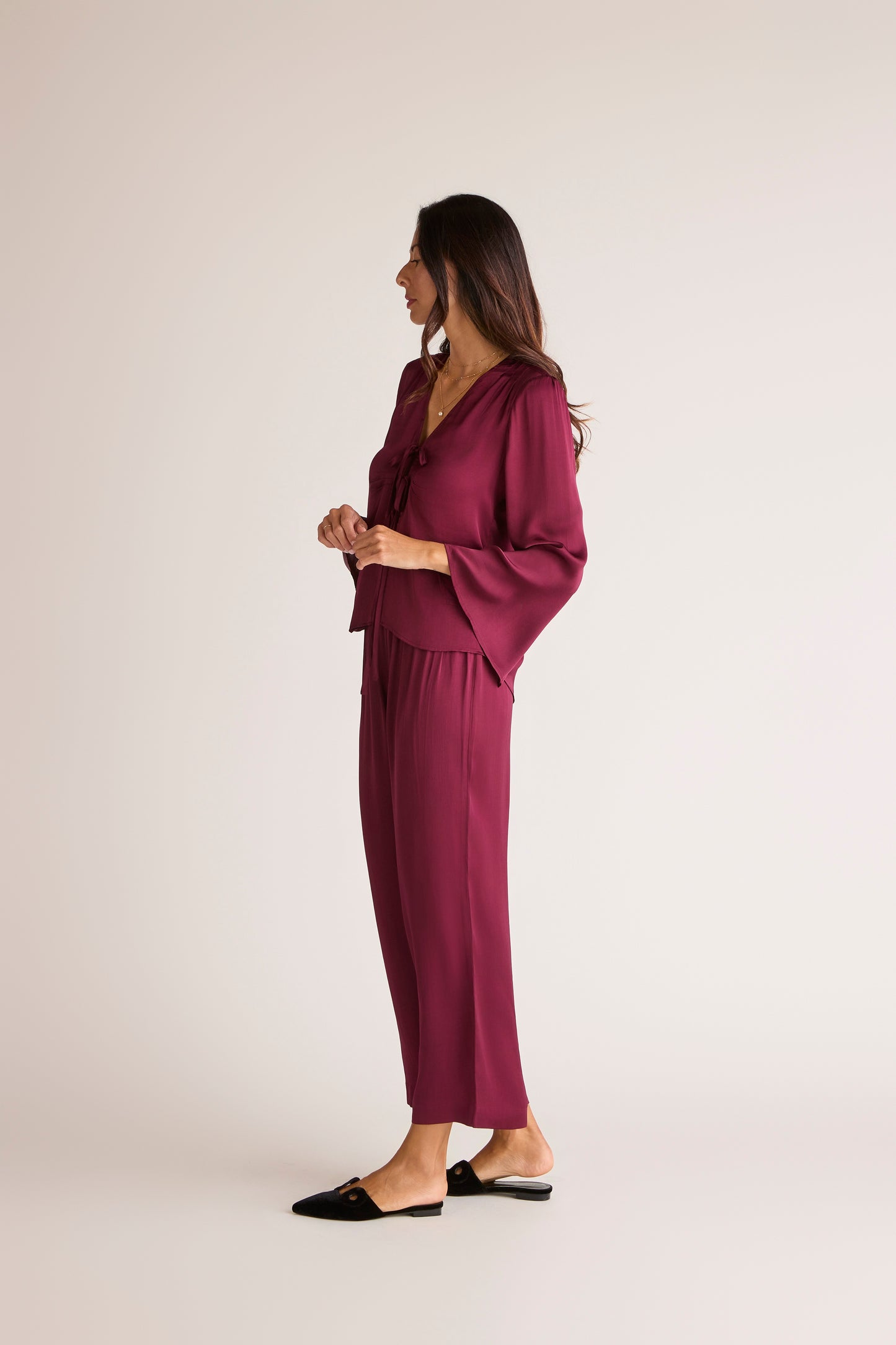 The Solune Muse Set Dark Cherry — women’s satin vacation set in rich cherry tone with soft drape blouse and relaxed satin pants