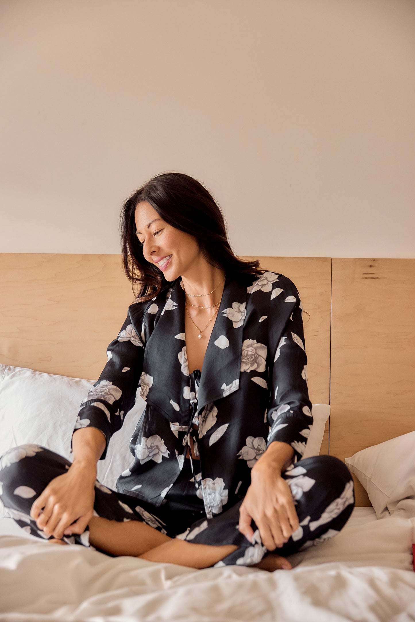 Solune Straight Pant Gardenia — flattering satin straight-leg pants in gardenia flower print for travel and resort wear