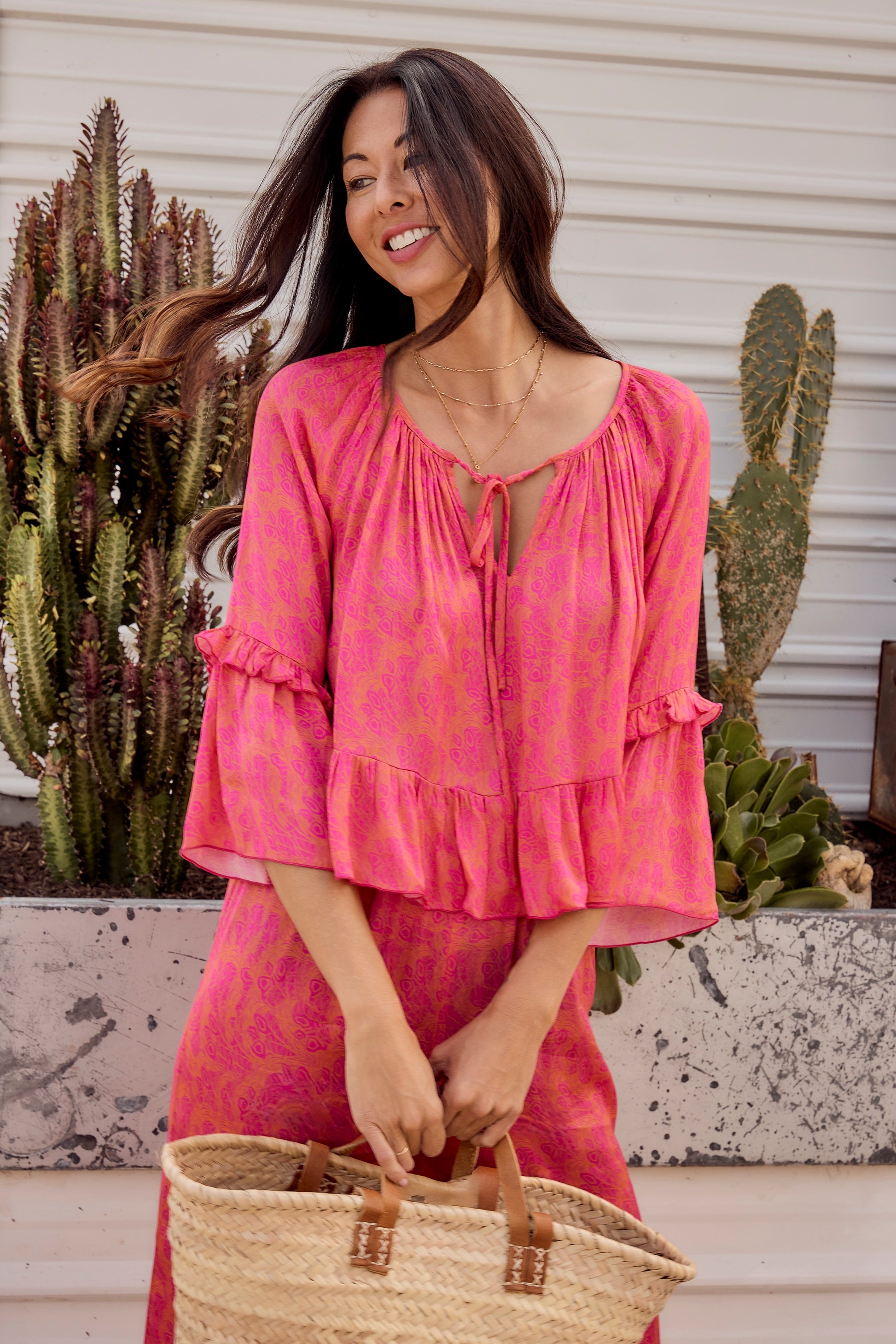Sōlune Frills Top- chic satin beach cover up top in hot pink and orange feather print with ruffle details