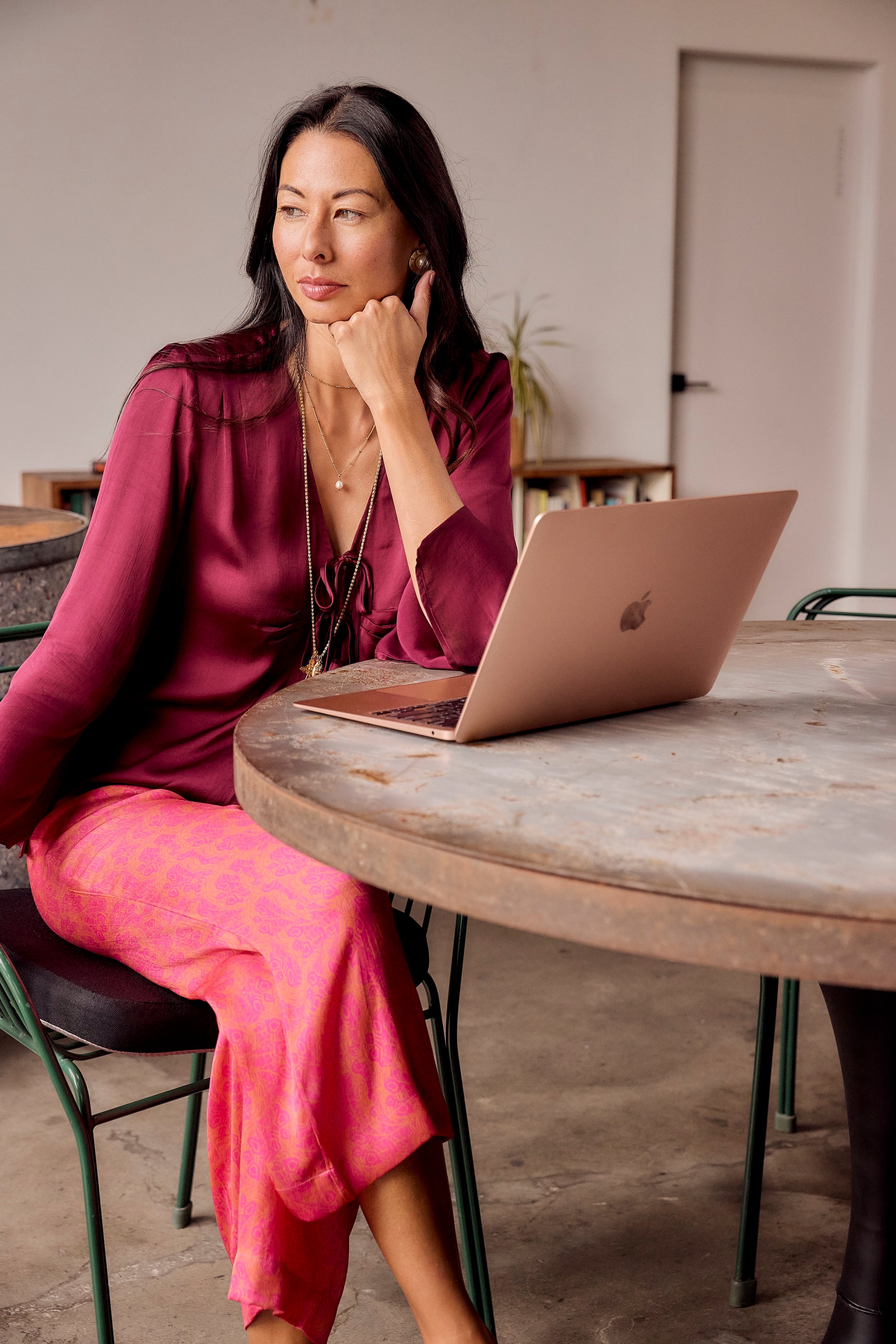 Sōlune Straight Pant Feathers — bright hot pink and orange satin straight-leg pants with relaxed fit for sleep, lounge, and resort wear